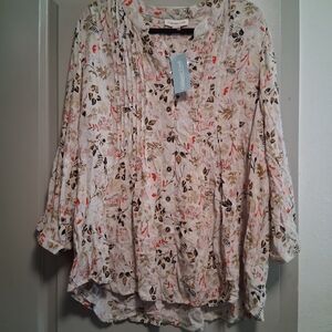 Coldwater Creek Floral Blouse - Cream with Grey Red and Coral Patterns